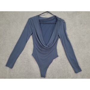 Zara Womens Sueded Stretch Draped V-Neck Long Sleeve Bodysuit Blue Sz Small